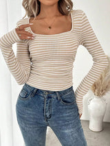 Striped Square Neck Long Sleeve T-Shirt - Trendsi - Flyclothing LLC