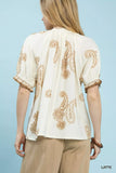 Umgee Paisley Embroidered Short Puff Sleeve Top - Trendsi - Flyclothing LLC
