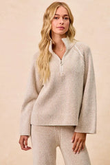 BiBi Two Tone Rib Texured Knit Collared Top with Zip Up - Trendsi - Flyclothing LLC