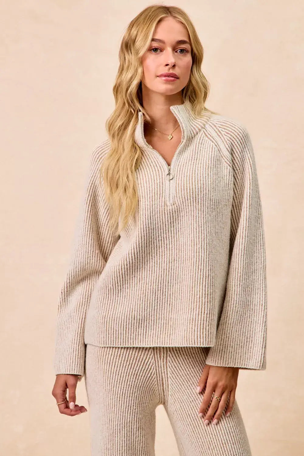 BiBi Two Tone Rib Texured Knit Collared Top with Zip Up - Trendsi - Flyclothing LLC