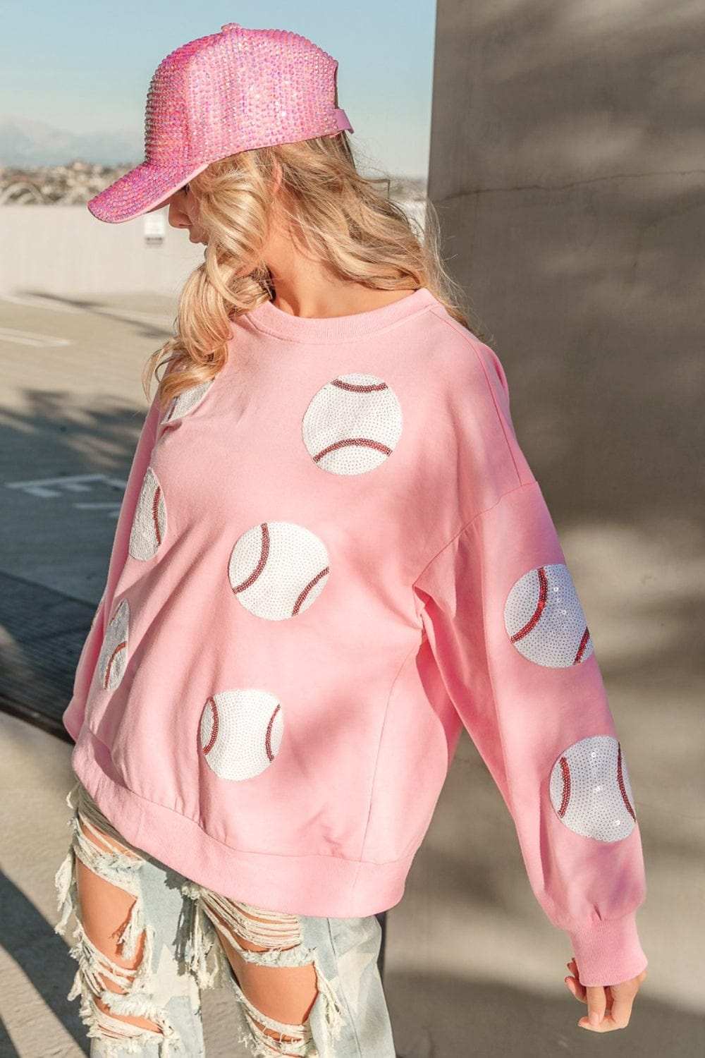 BiBi Sequin Baseball Patches French Terry Sweatshirt - Trendsi - Flyclothing LLC