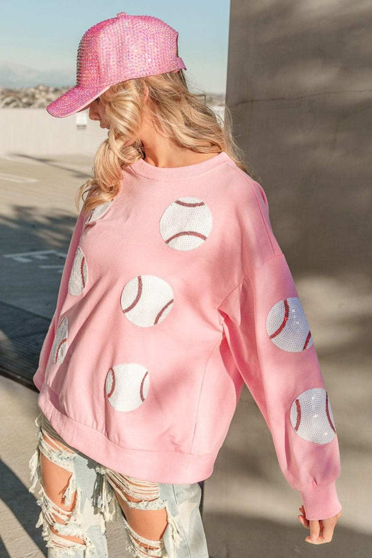 BiBi Sequin Baseball Patches French Terry Sweatshirt - Trendsi - Flyclothing LLC