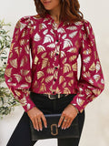 Printed Notched Long Sleeve Shirt - Trendsi