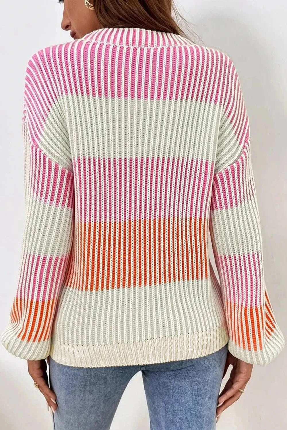 Striped Color Block Round Neck Long Sleeve Sweater - Trendsi - Flyclothing LLC
