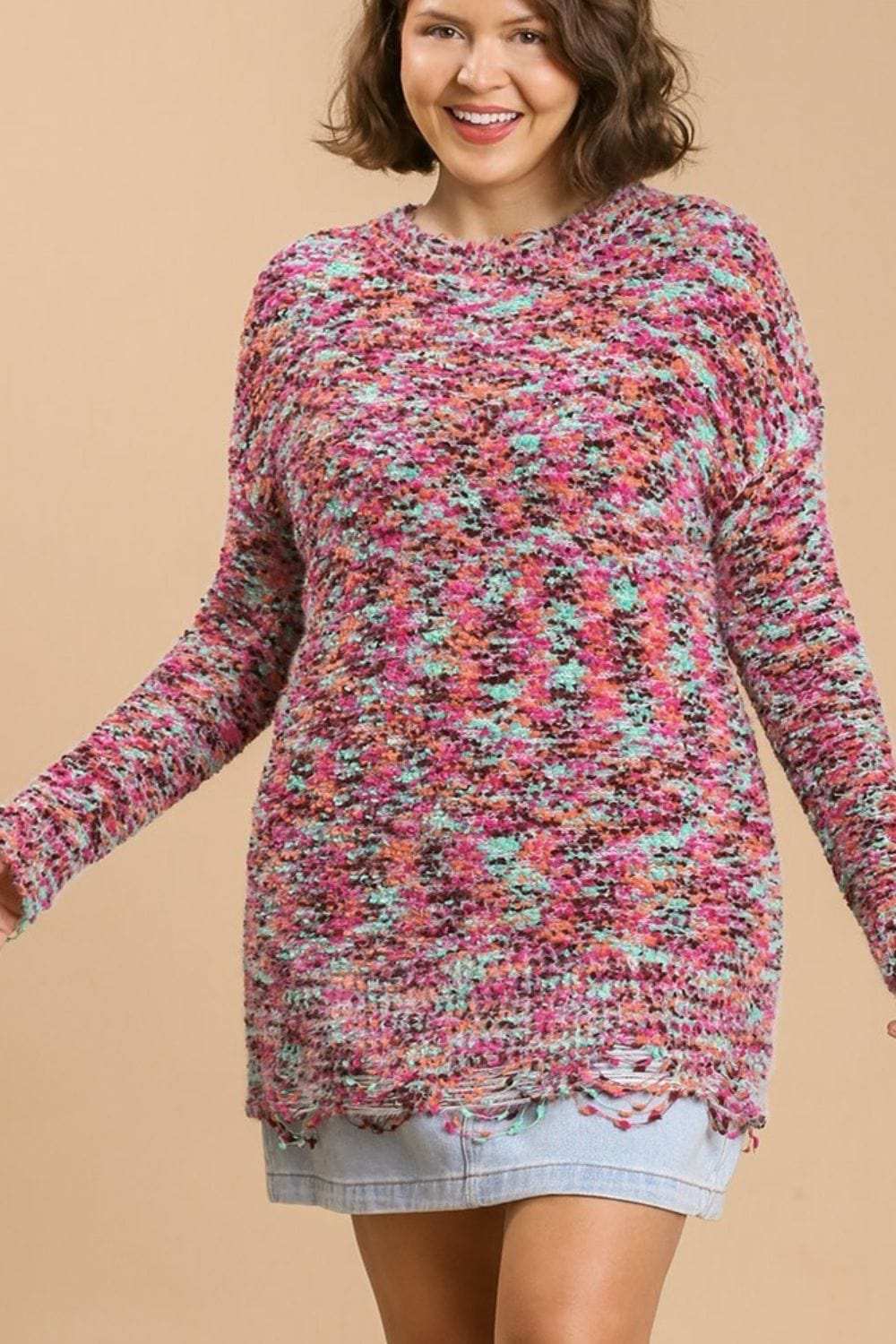 Umgee Full Size Distressed Hem Multicolored Round Neck Knit Tunic Dress Plus Size - Trendsi - Flyclothing LLC