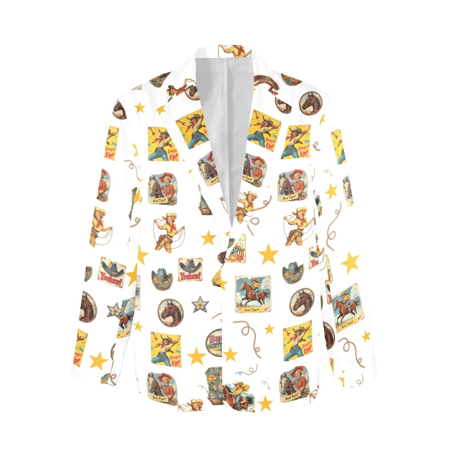 Baha Ranch Vintage Cowgirl Collage Women's Western Blazer in White - Baha Ranch Western Wear - Flyclothing LLC