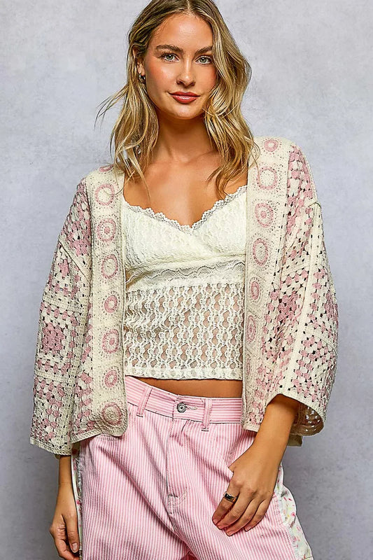POL Open Front Crochet Cardigan with Granny Square Pattern - Trendsi - Flyclothing LLC