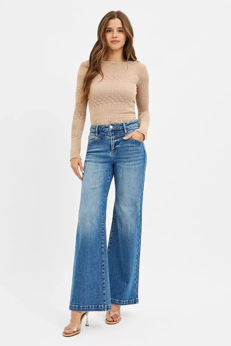 RISEN High Rise Wide Leg Jenas with Front Yoke and Heart Back Pocket - Trendsi - Flyclothing LLC