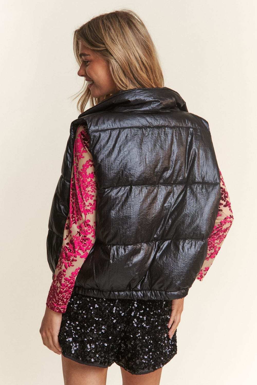 J.NNA Snap and Zipper Shiny Metallic Puffer Vest - Trendsi - Flyclothing LLC