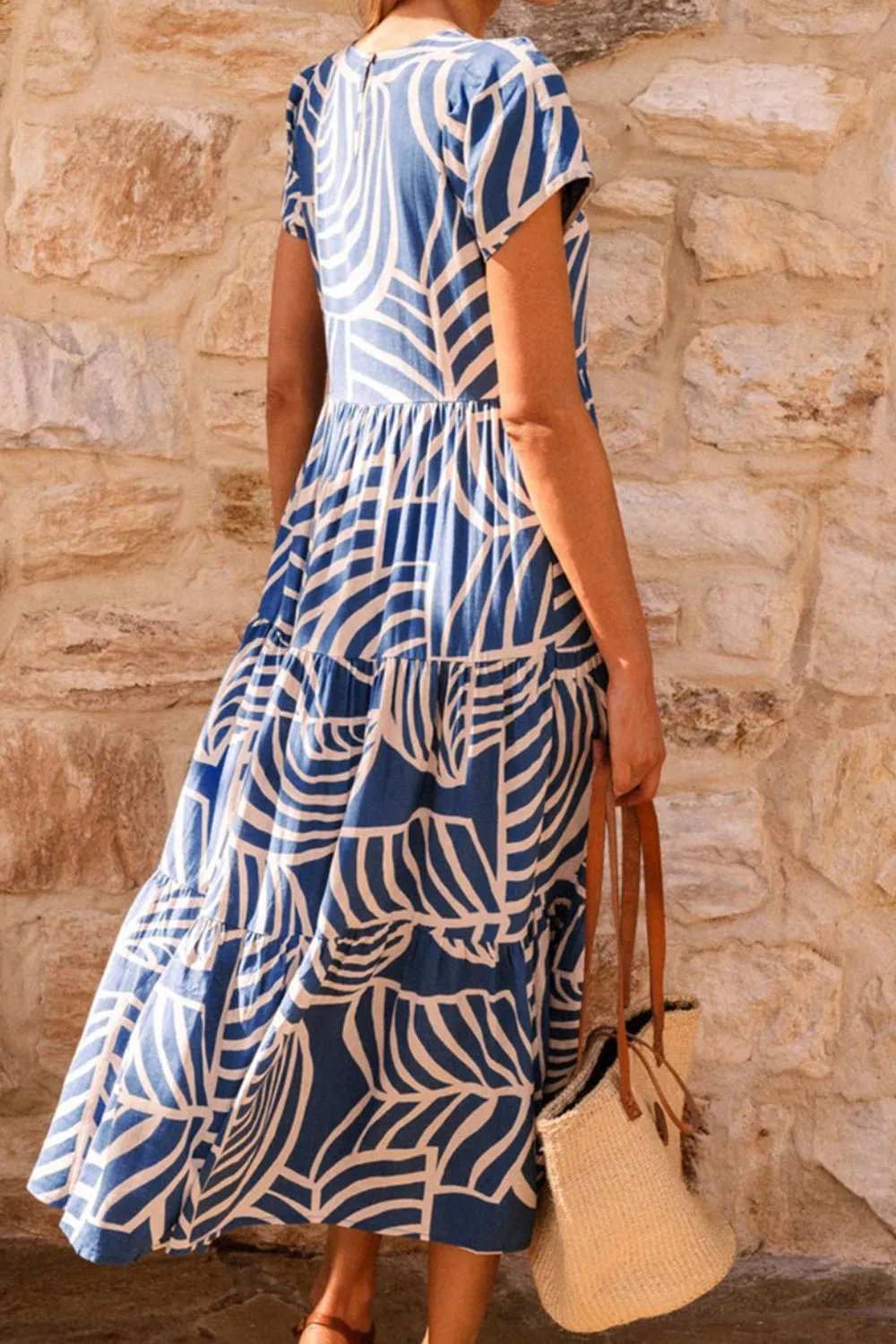 Tiered Printed Round Neck Short Sleeve Dress - Trendsi - Flyclothing LLC