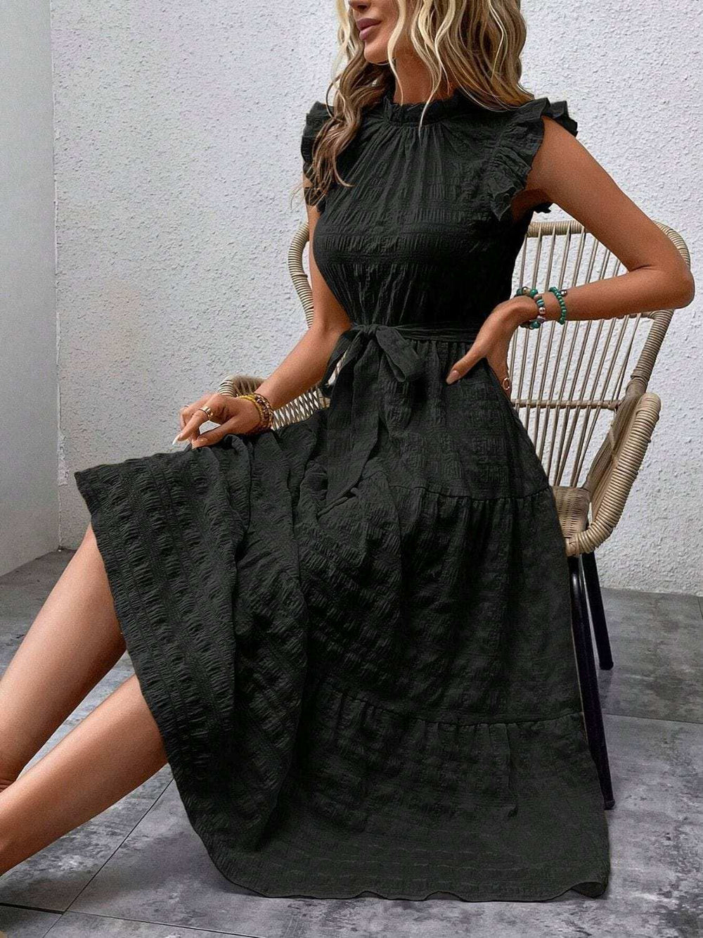 Tied Ruffled Cap Sleeve Midi Dress - Trendsi - Flyclothing LLC