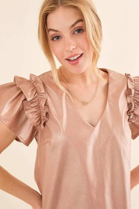 And The Why Faux Leather Ruffle Sleeves V Neck Top - Trendsi - Flyclothing LLC