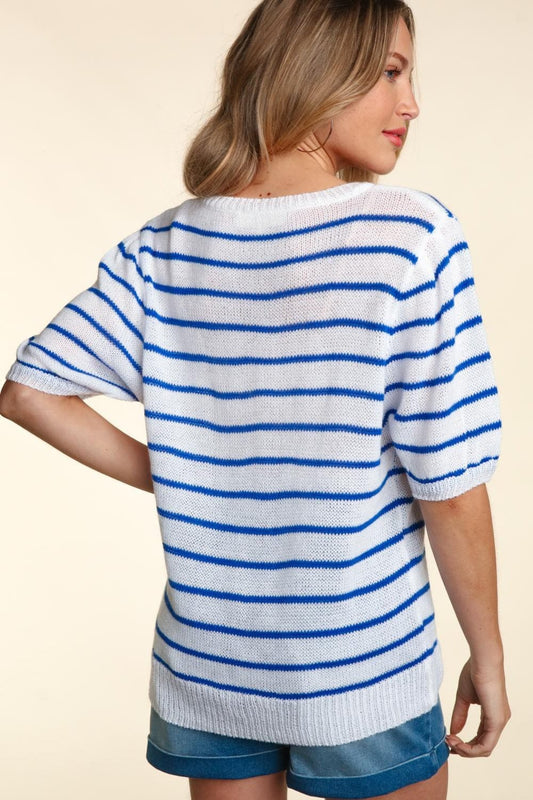 Haptics Letter Embroidery Striped Knit Top - Trendsi