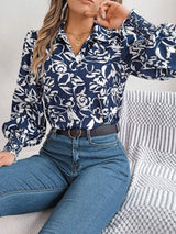 Printed Collared Neck Lantern Sleeve Shirt - Trendsi - Flyclothing LLC