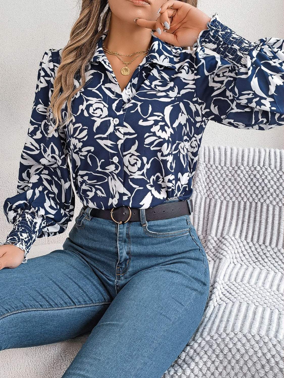 Printed Collared Neck Lantern Sleeve Shirt - Trendsi - Flyclothing LLC