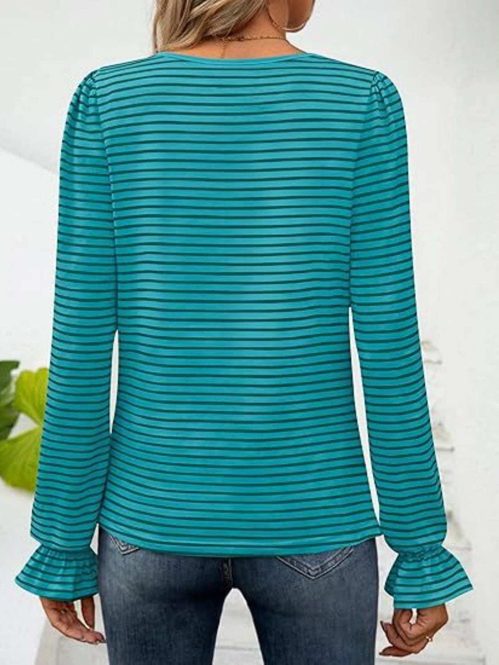 Striped Square Neck Flounce Sleeve Top - Trendsi - Flyclothing LLC