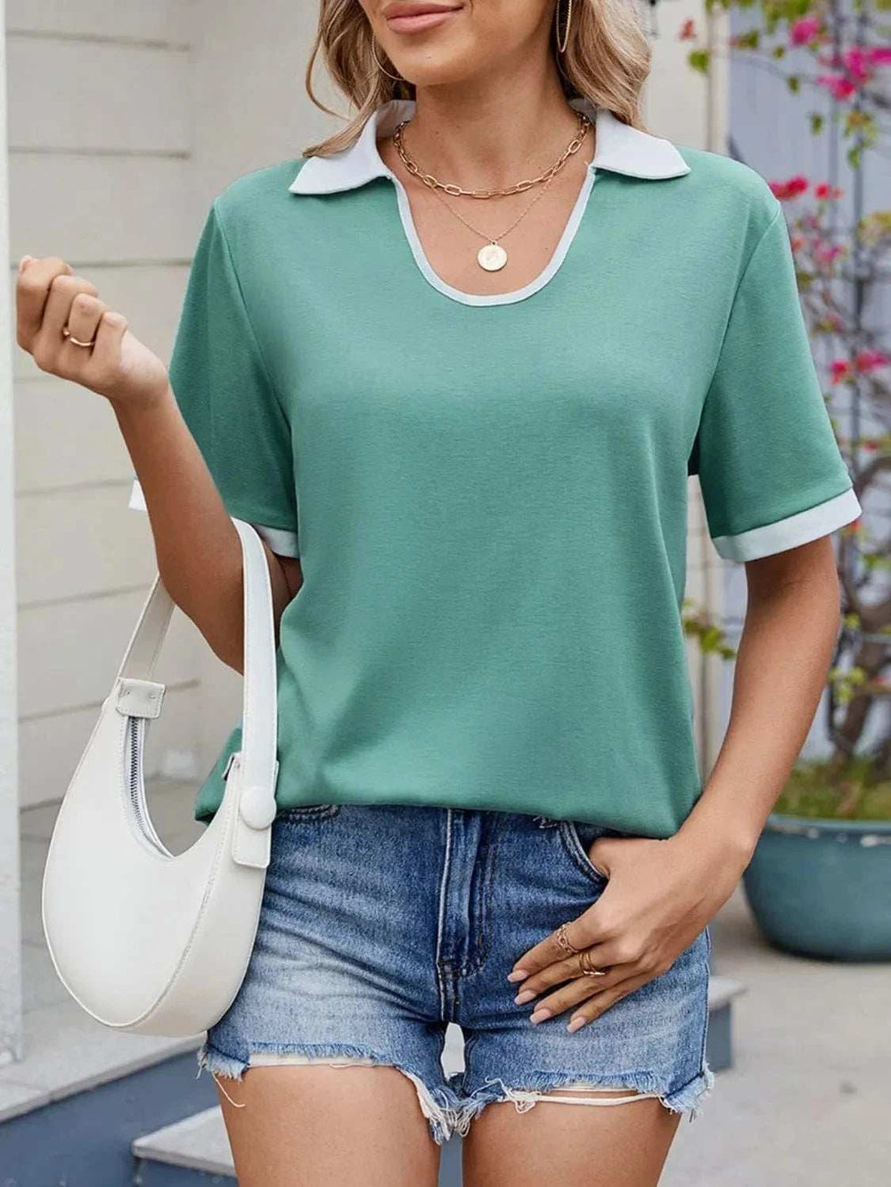 Contrast Trim Collar Short Sleeve Casual T-Shirt - Trendsi - Flyclothing LLC