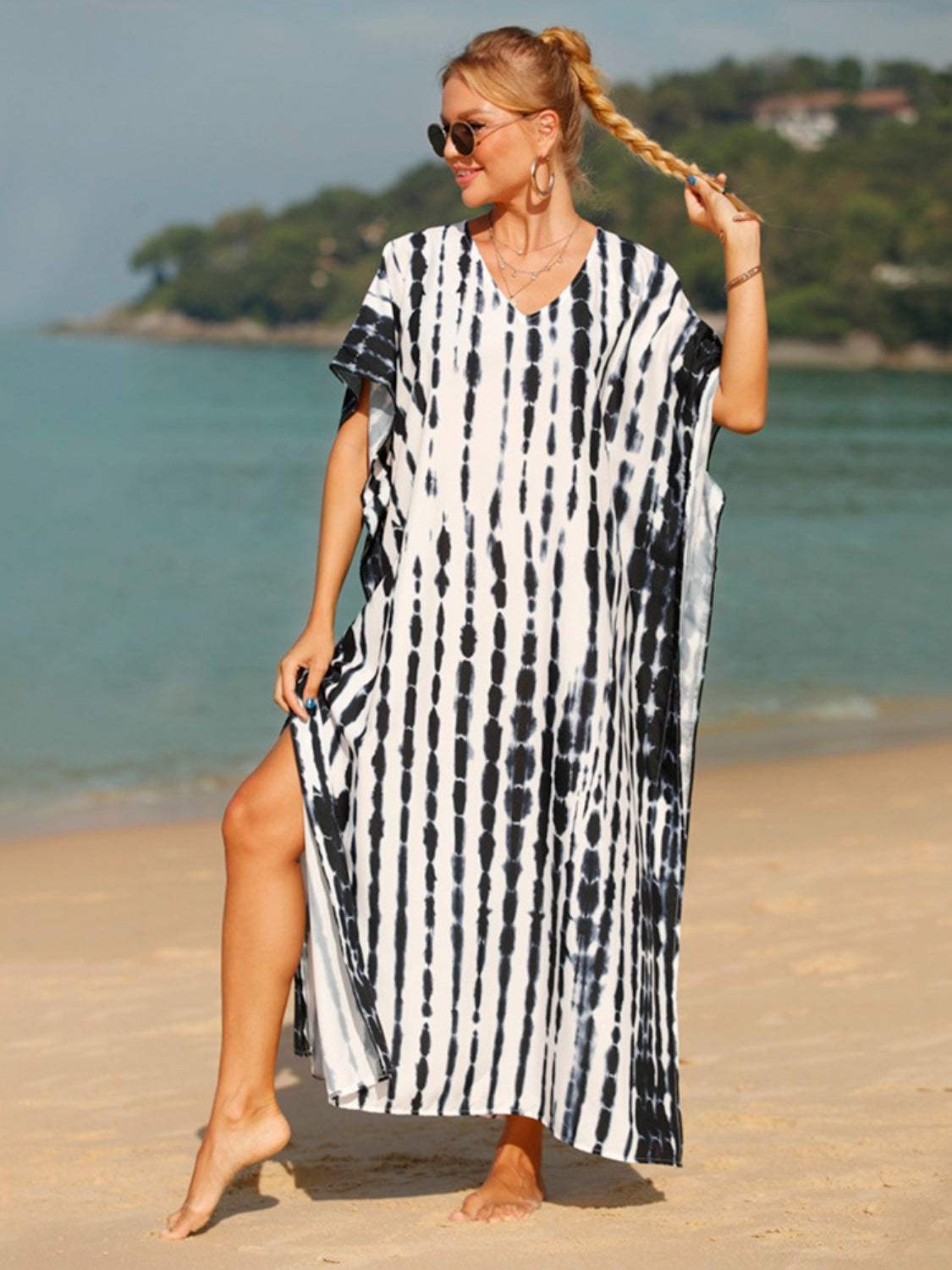 Tie-Dye V-Neck Half Sleeve Cover-Up - Trendsi - Flyclothing LLC