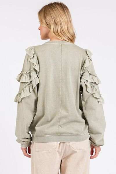 Mittoshop Ruffled Mineral Washed Round Neck Long Sleeve Sweatshirt - Trendsi - Flyclothing LLC