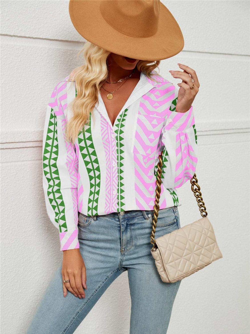 Geometric Collared Neck Long Sleeve Shirt - Trendsi - Flyclothing LLC