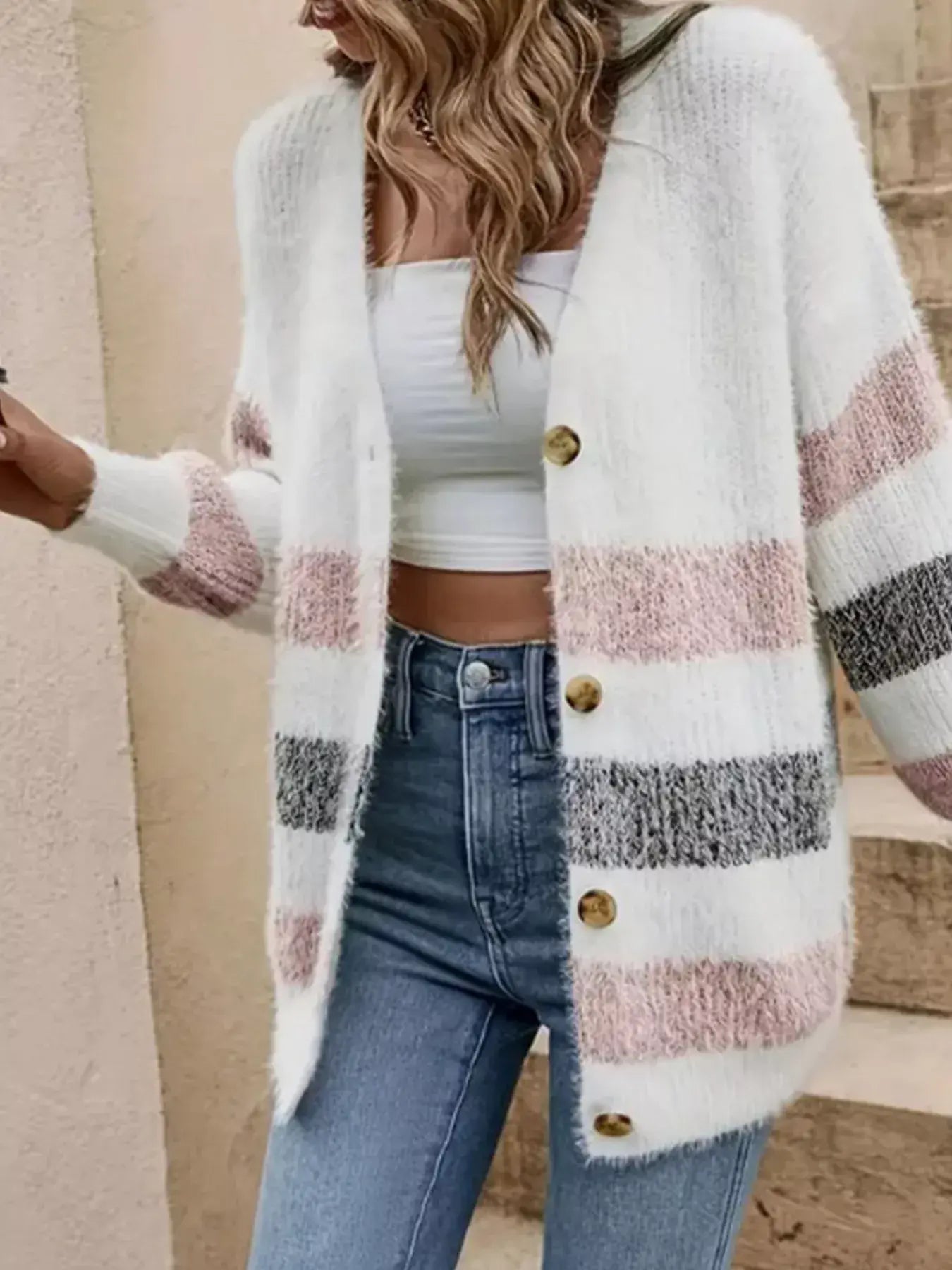Striped Fuzzy Knit Button-Up Cardigan - Trendsi - Flyclothing LLC
