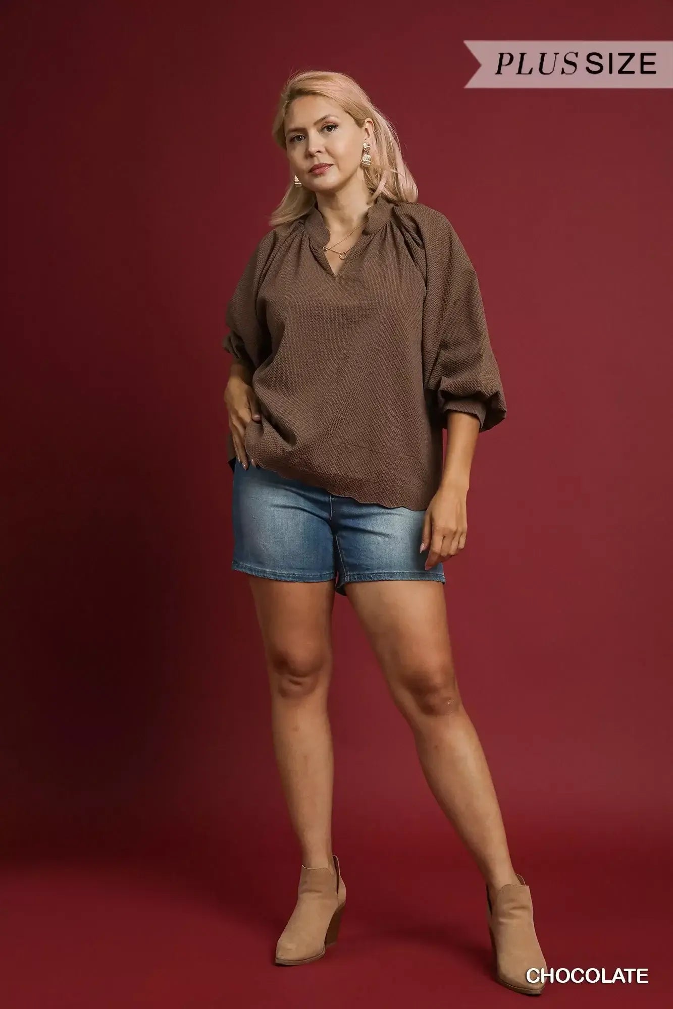 Umgee Full Size Textured Notched Balloon Sleeve Blouse Plus Size - Trendsi - Flyclothing LLC