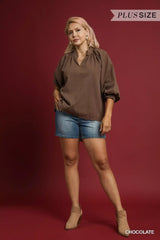 Umgee Full Size Textured Notched Balloon Sleeve Blouse Plus Size - Trendsi - Flyclothing LLC