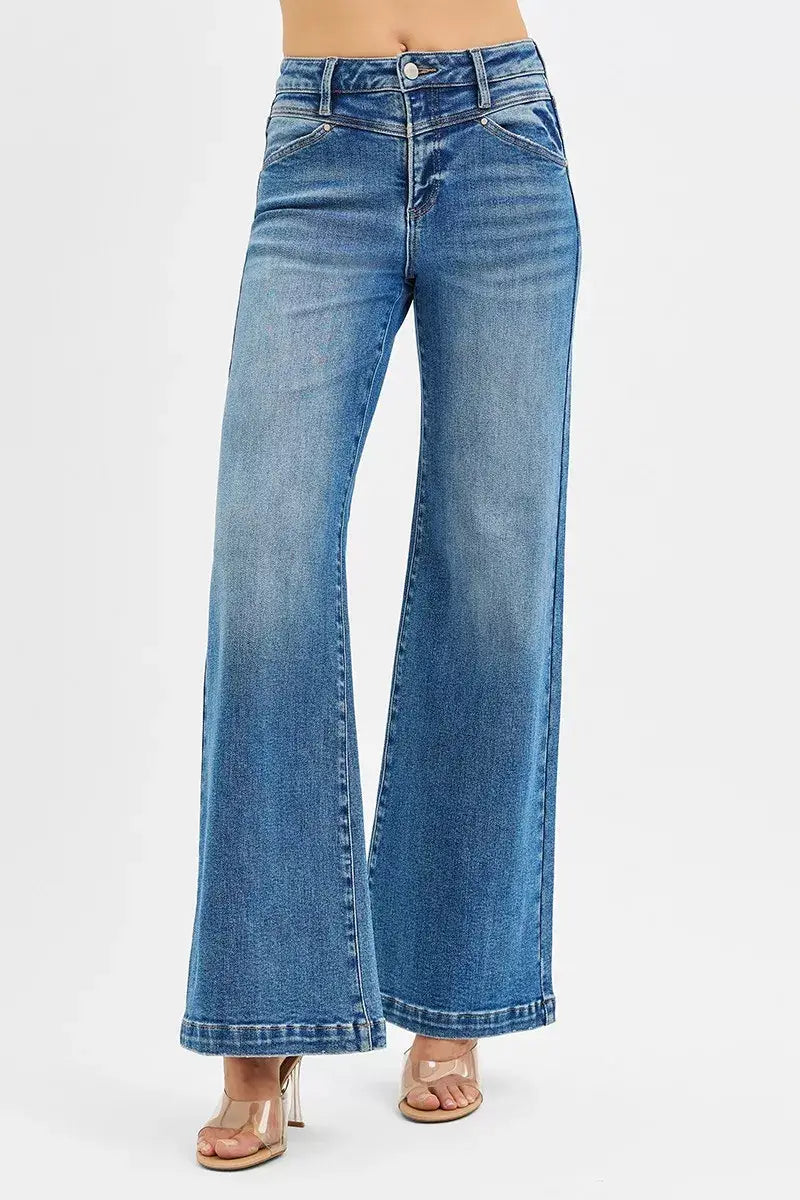 RISEN High Rise Wide Leg Jenas with Front Yoke and Heart Back Pocket - Trendsi - Flyclothing LLC