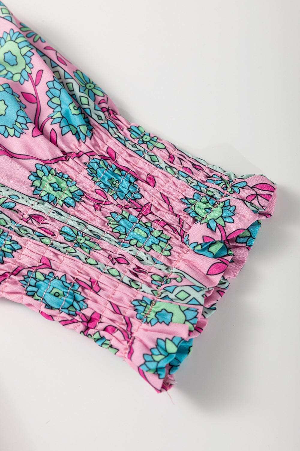 Printed Shirred Sleeve Buttoned Front Midi Dress with Sash - Trendsi - Flyclothing LLC