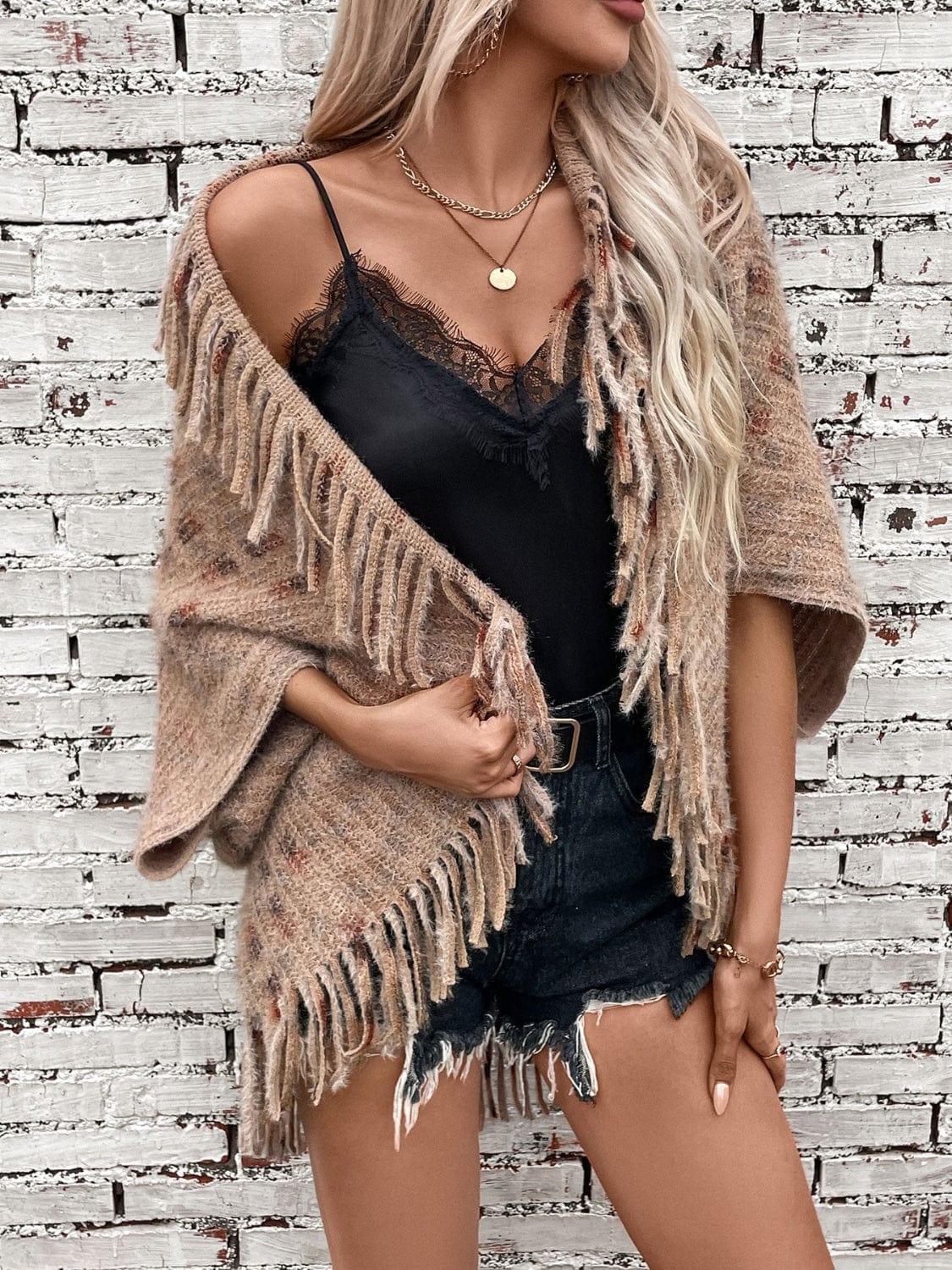 Fringe Open Front Half Sleeve Poncho - Trendsi