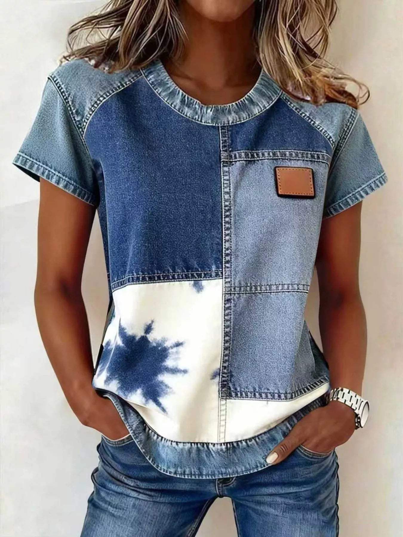 Denim Patchwork Short Sleeve Blouse - Trendsi - Flyclothing LLC