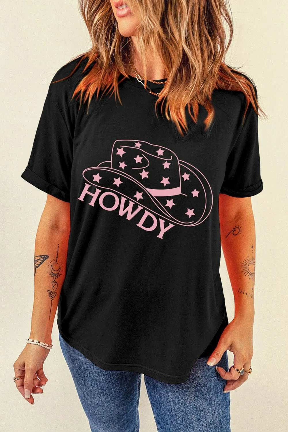 HOWDY Round Neck Short Sleeve T-Shirt - Trendsi - Flyclothing LLC