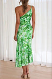 Ruched Printed Single Shoulder Midi Dress - Trendsi