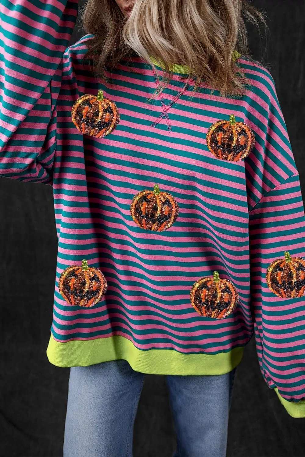 Pumpkin Striped Round Neck Long Sleeve Sweatshirt - Trendsi - Flyclothing LLC