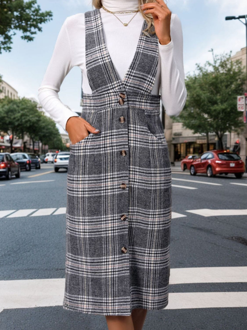 Perfee Pocketed Plaid Overall Dress - Trendsi