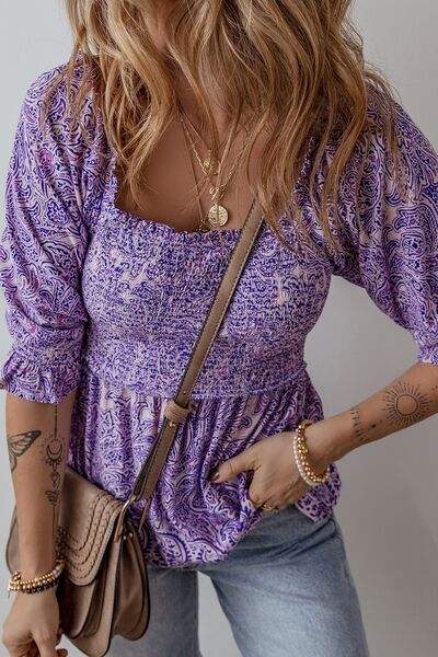 Printed Square Neck Half Sleeve Blouse - Trendsi - Flyclothing LLC