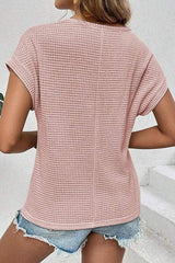 Lace Patchwork Waffle Short Sleeve Knit Top - Trendsi - Flyclothing LLC