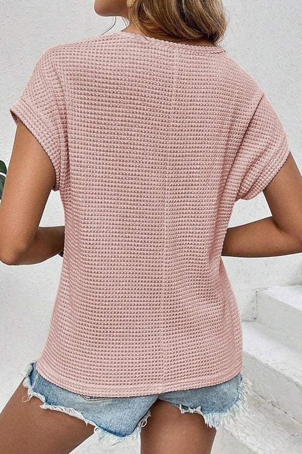 Lace Patchwork Waffle Short Sleeve Knit Top - Trendsi - Flyclothing LLC