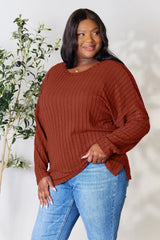 Basic Bae Full Size Ribbed Round Neck Slit Knit Top - ShopBasicbae - Flyclothing LLC