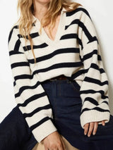 Striped Johnny Collar Long Sleeve Sweater - Trendsi - Flyclothing LLC