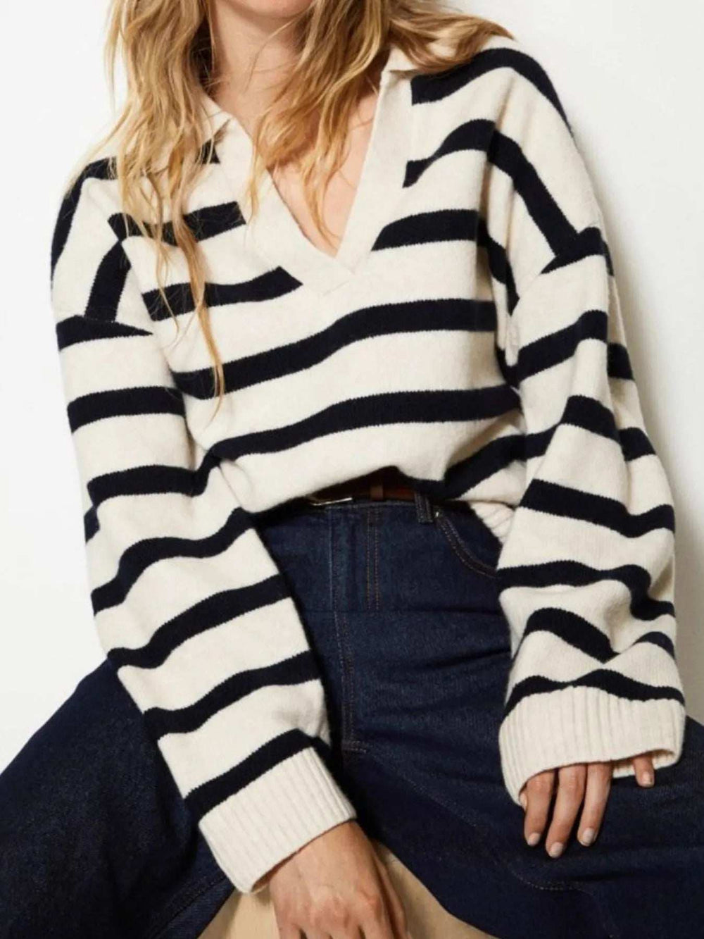 Striped Johnny Collar Long Sleeve Sweater - Trendsi - Flyclothing LLC