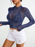 Paisley Mock Neck Long Sleeve Sheer Top - Trendsi - Flyclothing LLC