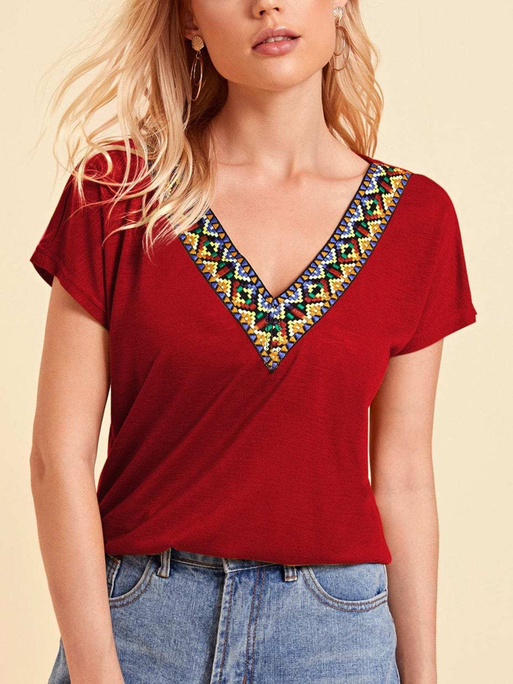 V-Neck Short Sleeve T-Shirt - Trendsi - Flyclothing LLC