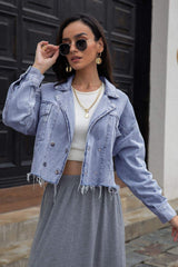 Lapel Collar Long Sleeve Denim Jacket - Trendsi - Flyclothing LLC