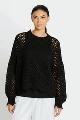 Pima Cotton Hamptons Crewneck Crochet Sweater - Black - PLANET by Lauren G - Flyclothing LLC
