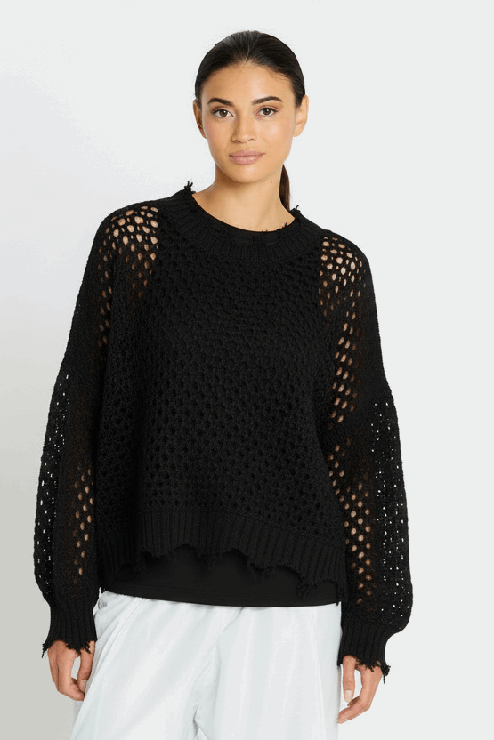 Pima Cotton Hamptons Crewneck Crochet Sweater - Black - PLANET by Lauren G - Flyclothing LLC