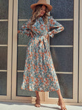 Perfee Tied Pleated Printed Mock Neck Long Sleeve Dress - Trendsi - Flyclothing LLC