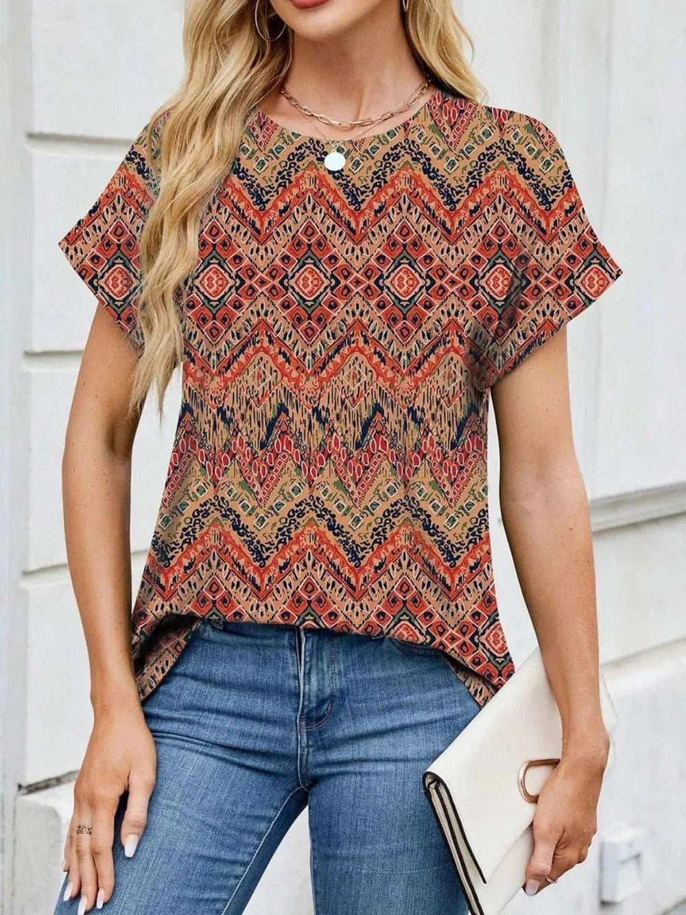 Printed Round Neck Short Sleeve Top - Trendsi - Flyclothing LLC