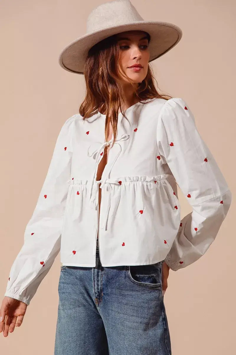 SO ME Front Tie Heart Embroidered Blouse With Puff Sleeve - Trendsi - Flyclothing LLC