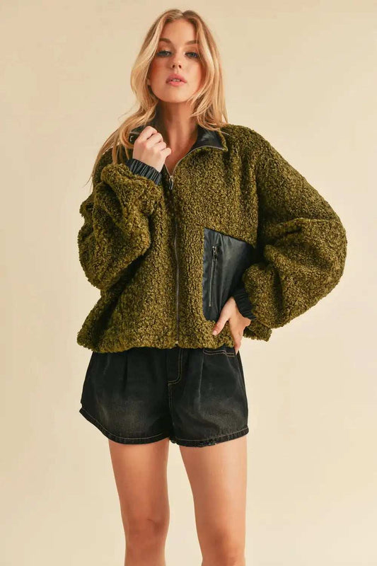 Aemi + Co Collared Neck Zip Up Sherpa Jacket - Trendsi - Flyclothing LLC